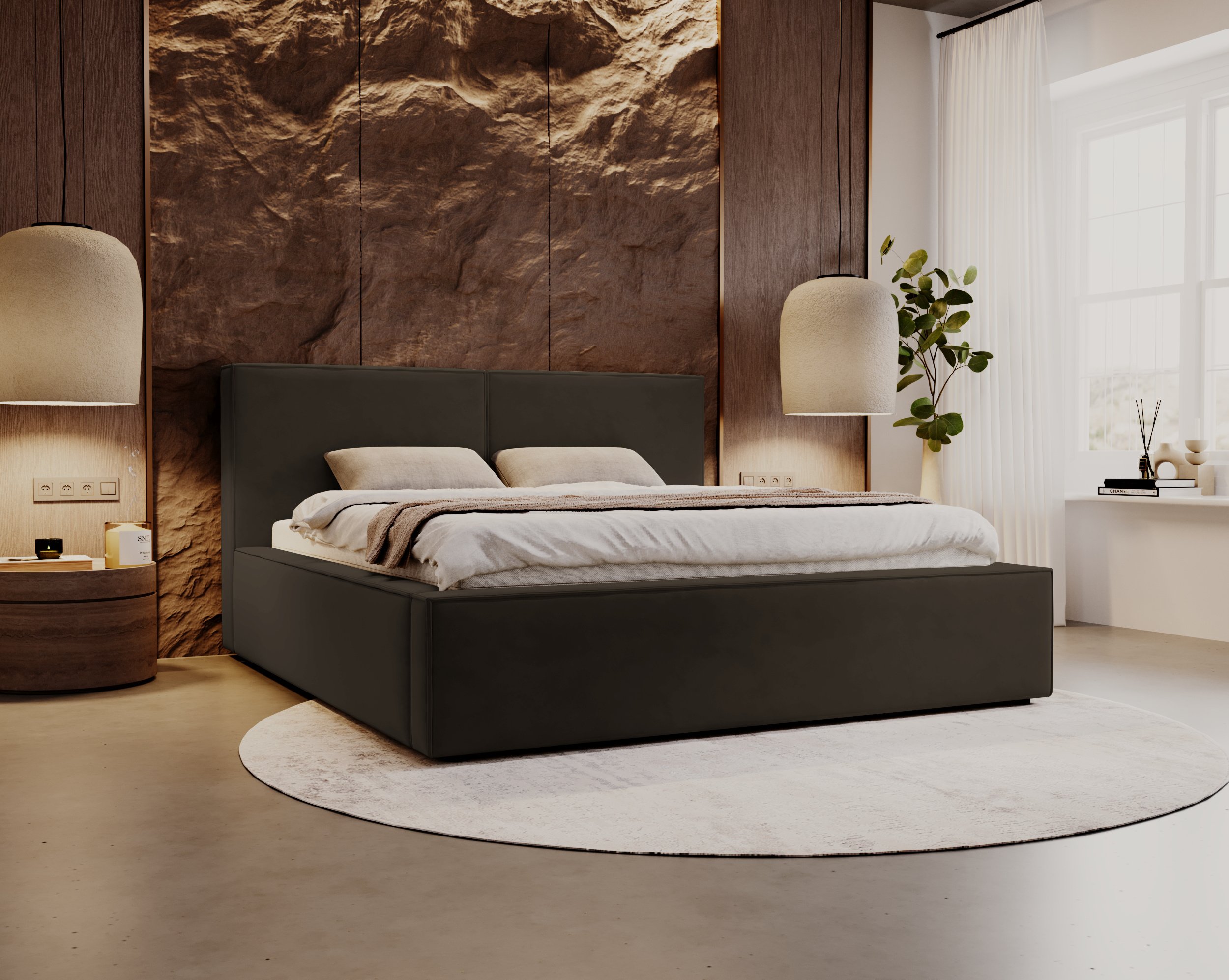 Besilio Möbel Łóżko tapicerowane podwójne 160x200 Santos - Łóżko tapicerowane z podstawą łóżka i metalową ramą - Aksamitna tkanina - Brązowy