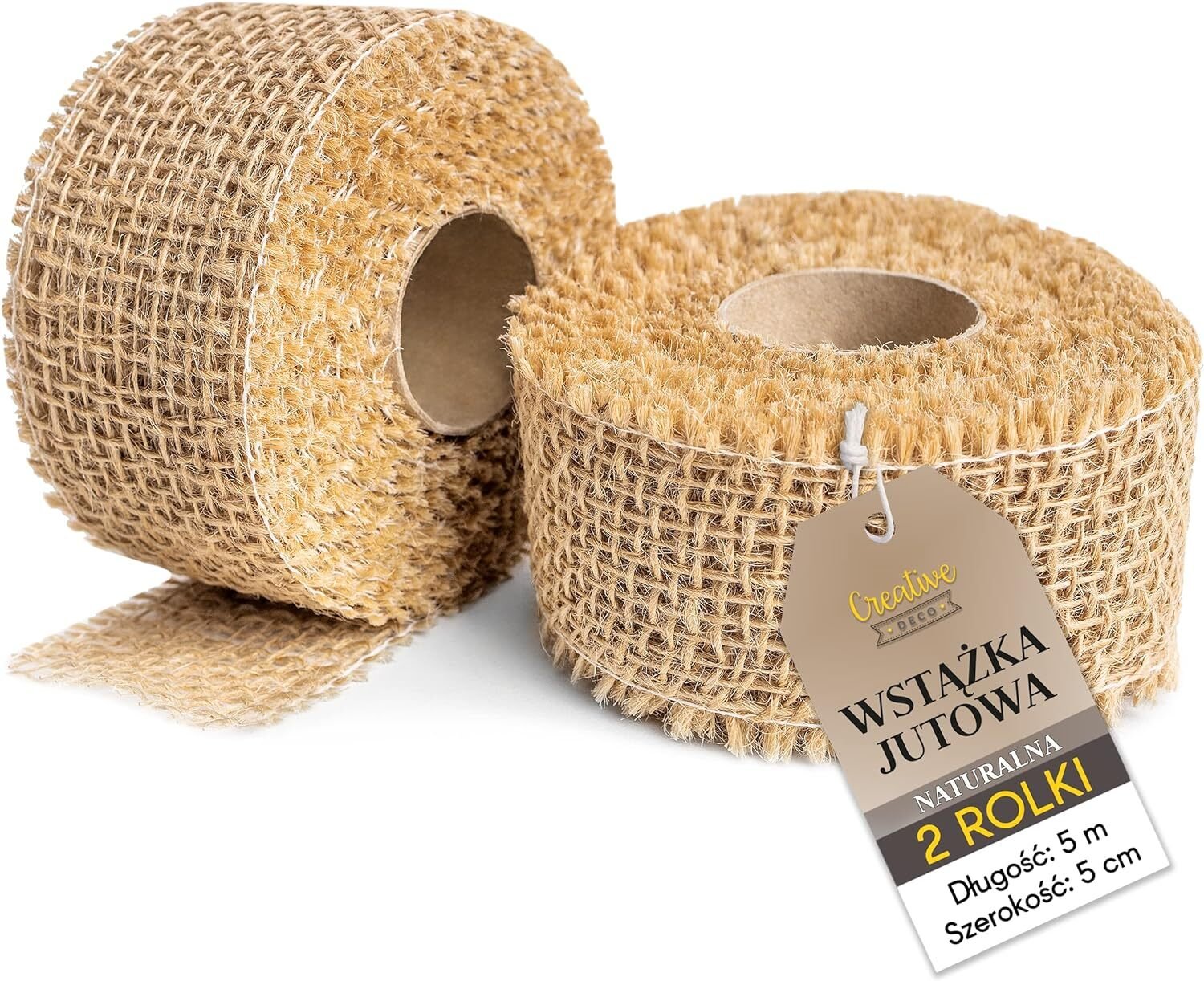 Creative Deco Wstążka Jutowa do dekoracji 2 rolki 5 cm x 5 m naturalna brązowa tkanina dekoracyjny bieżnik na stół, boho, wesele