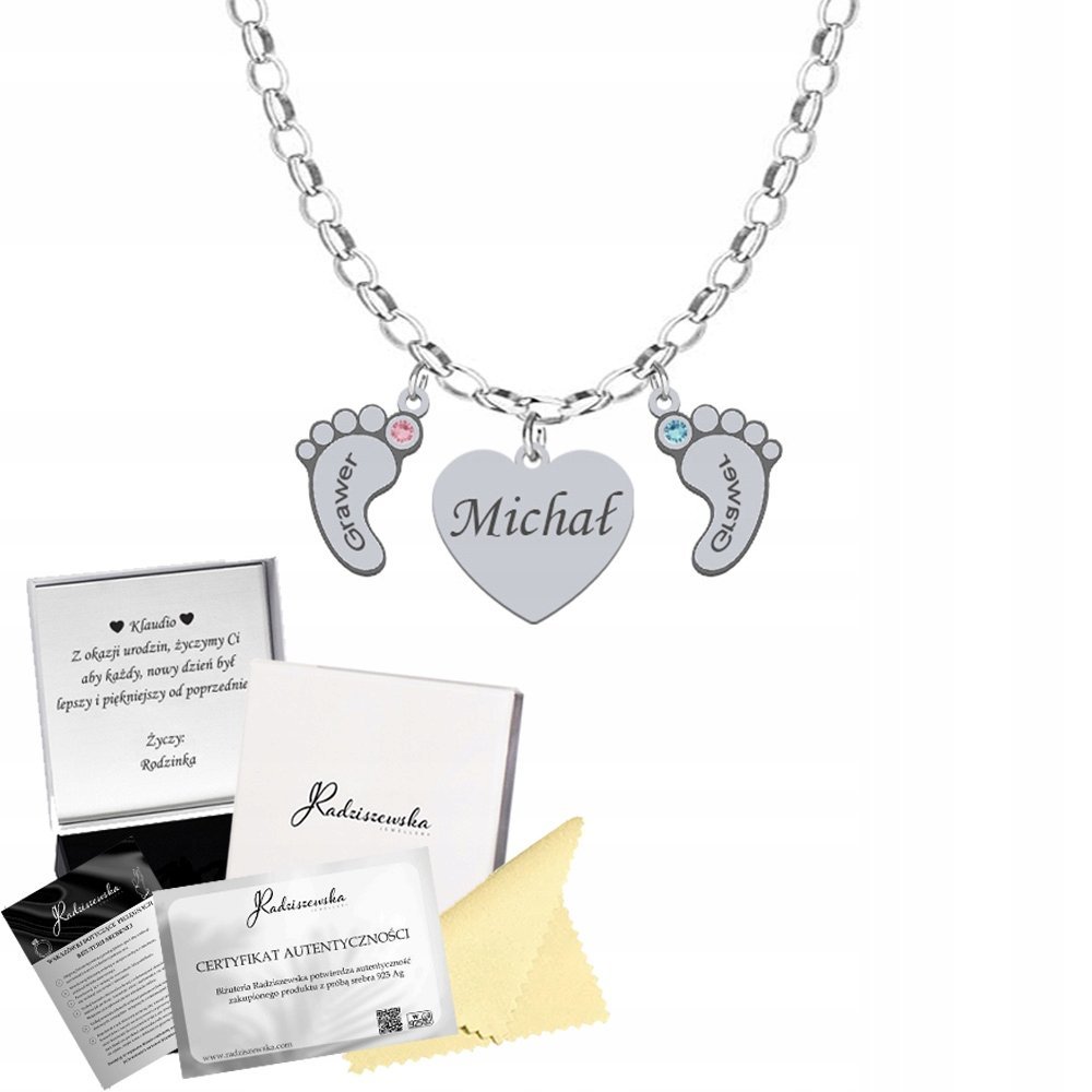 Naszyjnik Srebrny SERCE STÓPKI Imię Dziecka 925 Prezent dla Mamy GRAWER