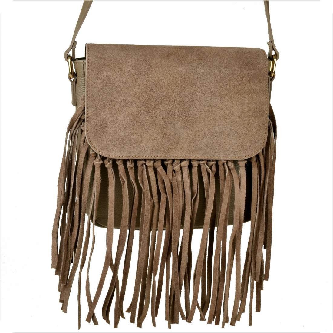 Vera Pelle włoska listonoszka z frędzlami skóra naturalna zamszowa i licowa taupe brąz