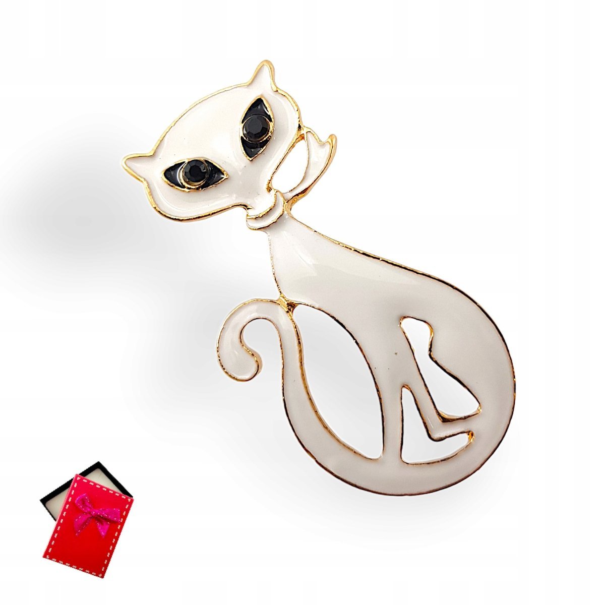 Broszka Kotek Biały Emaliowany Czarne Oczy