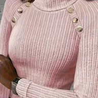 Bluzki damskie - TEMU Elegancki, jednokolorowy, dzianinowy top z długim rękawem i wycięciem pod szyją, z dekoracją z poliestrowych guzików, na jesień/zimę - miniaturka - grafika 1