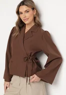 Marynarki i żakiety damskie - Brązowa Marynarka z Szerokimi Rękawami i Asymetrycznym Wiązaniem Sanessia - miniaturka - grafika 1