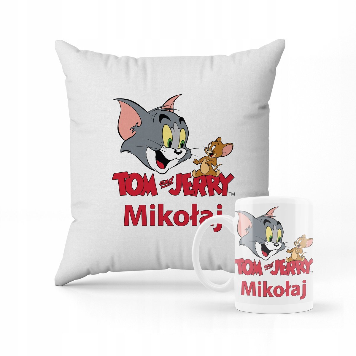 ZESTAW PODUSZKA + KUBEK PREZENT DLA DZIECKA TOM I JERRY BAJKA + IMIĘ 3