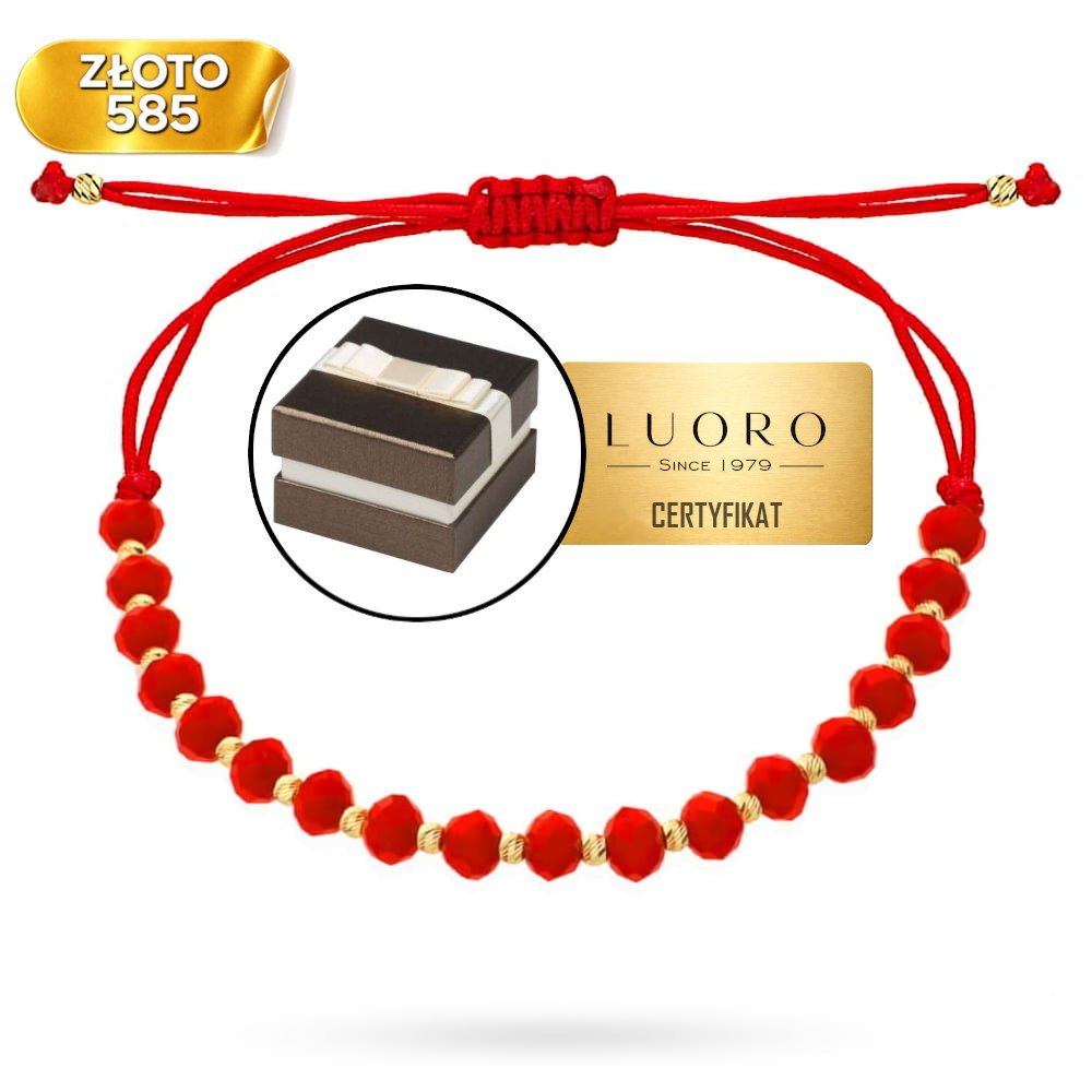BRANSOLETKA ZŁOTA 585 14K DIAMENTOWANE KULKI CZERWONE KAMIENIE REGULOWANA 15 CM