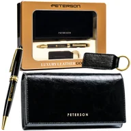 Portfele - PETERSON Portfel damski ze skóry naturalnej klasyczny czarny zestaw portfel + długopis + brelok elegancki prezent antykradzieżowy RFID - miniaturka - grafika 1