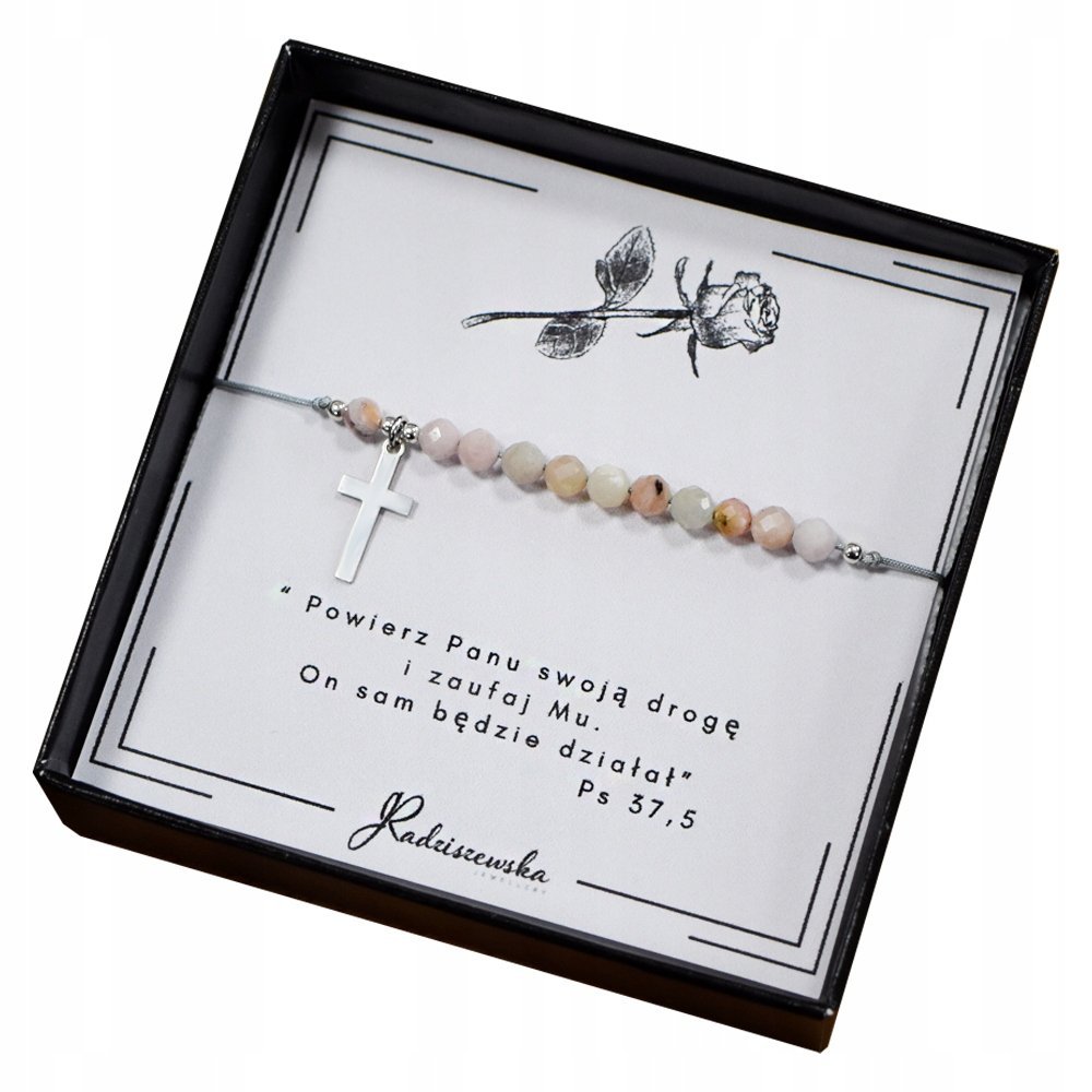 Bransoletka Różaniec z Kamieni Naturalnych Opal Różowy Cytat Srebro 925