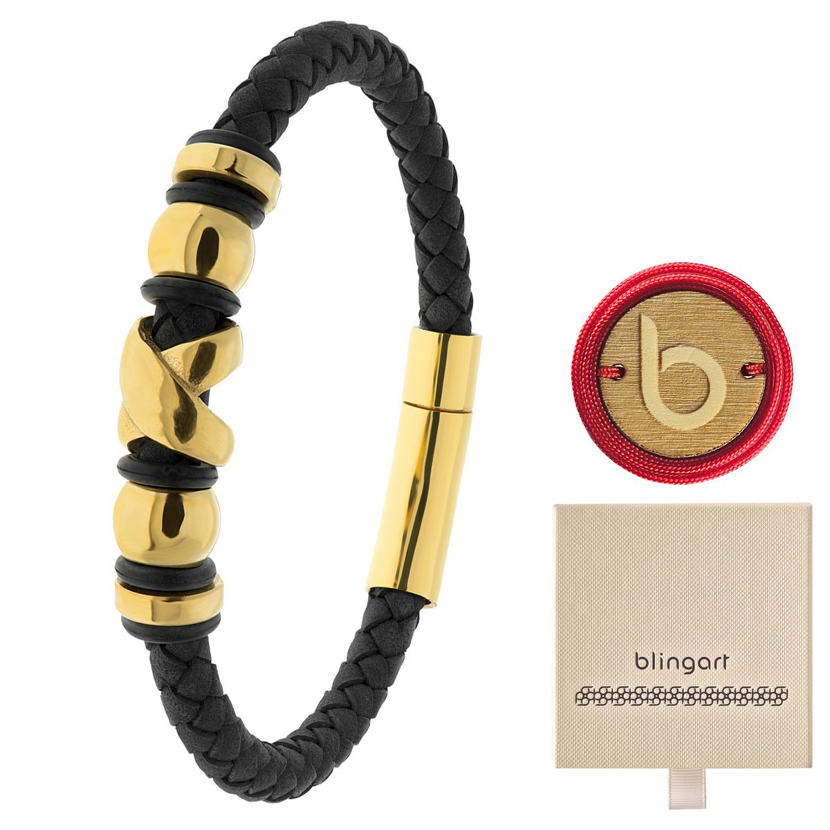 Bransoletka męska skórzana pleciona koraliki stal chirurgiczna BLINGART