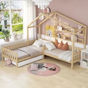 Łóżko domowe 90 x 200 cm Łóżko dziecięce 70 x 140 cm z szufladami i półkami Łóżko do zabawy w kształcie litery L z ogrodzeniem i stelażem bez materaca, naturalne - Łóżka dla dzieci i młodzieży - miniaturka - grafika 1