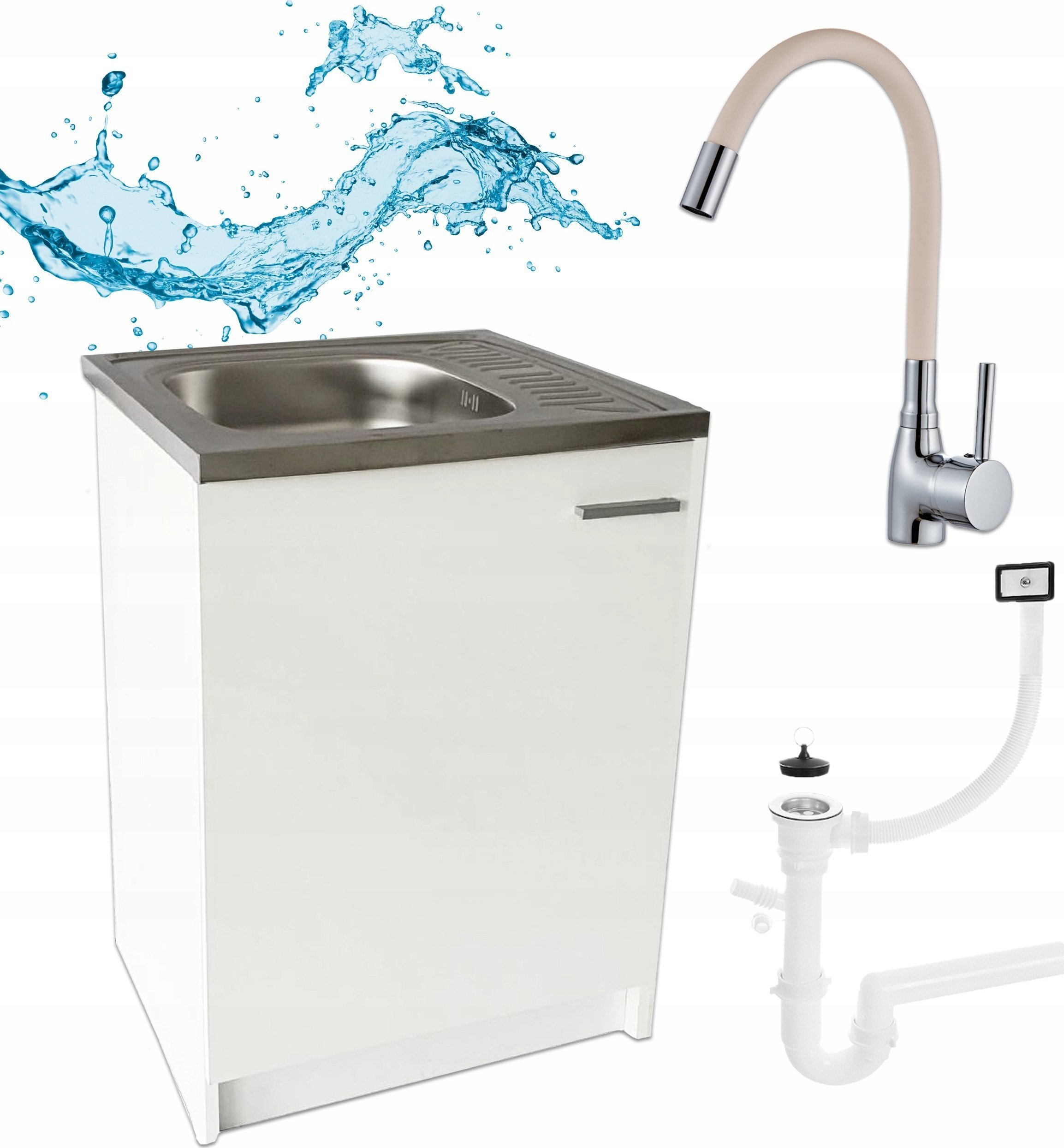 Stamar Biała Szafka Kuchenna Slim 60 Zlew Deante Bateria Elastyczna Beżowa Syfon