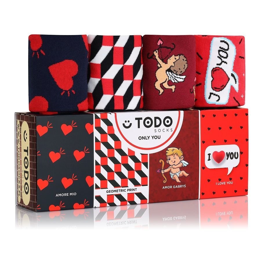 Zestaw prezentowy kolorowych skarpet ONLY YOU - Serca, Kupidyn, Krata, Miłość - 4 pary - 43-46