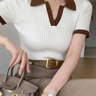 Swetry damskie - TEMU Damski Francuski Styl Vintage T-Shirt - Bluzka z Krótkim Rękawem w Kolorowe Bloki, Casual Wiosna Pranie Maszynowe Top z Dekoltem w Serek do - miniaturka - grafika 1