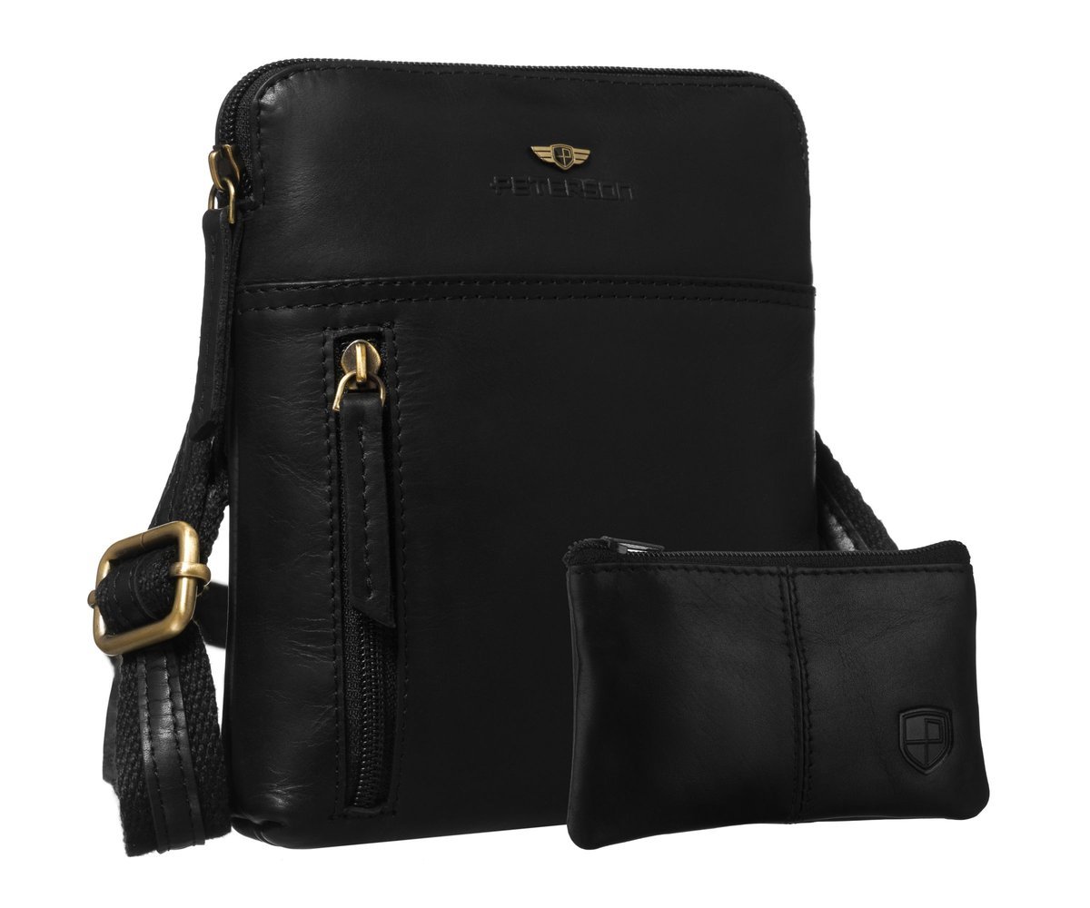 Torebka męska skórzana PETERSON listonoszka miejska czarna mała saszetka na ramię kieszonki na suwak slim długi regulowany pasek + etui na klucze