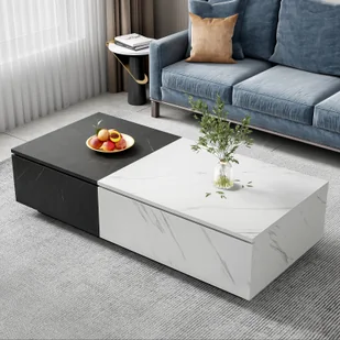 Stolik kawowy, nowoczesny stolik kawowy z marmurową okleiną i 2 drzwiczkami, stolik do salonu z ukrytym schowkiem, stolik rozkładany do salonu, biurowy, 110 x 50 x 28 cm, czarno-biały - Ławy i stoliki kawowe - miniaturka - grafika 1