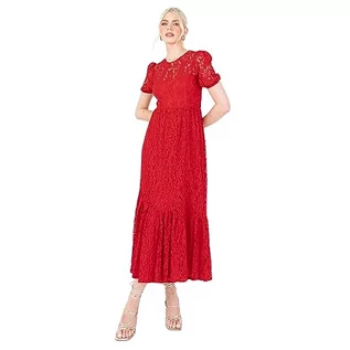 Sukienki - Lovedrobe Damska sukienka Midaxi Short Sleeve Puff Lace Empire A-line Tie Back for Wedding Guest Bridesmaid Evening Occasion, czerwona, 44, czerwony, 44 - grafika 1