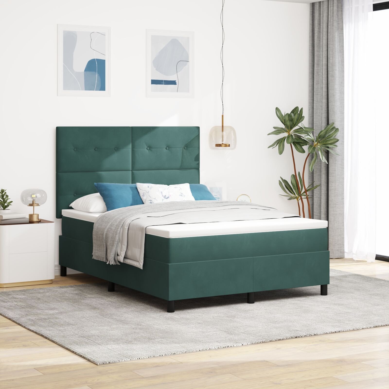 Box Spring Łóżko z Materacem ciemnozielone 140x200 cm Aksamit