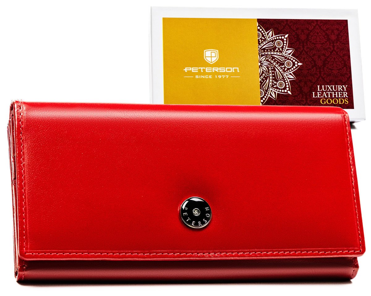 Klasyczny elegancki czerwony portfel damski PETERSON skóra naturalna duży rozbudowany na karty i gotówkę pudełko prezentowe ochrona RFID