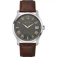 Paski - Bulova Męski analogowy zegarek kwarcowy ze skórzaną bransoletką 96B389, srebrno-brązowo-szary, Pasek - miniaturka - grafika 1
