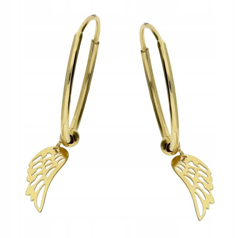 damskie złote kolczyki 585 koła kółka z wiszącymi skrzydłami 20 mm 1,28g
