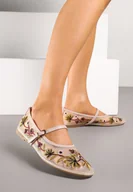 Baleriny - Beżowe Balerinki z Siateczki w Stylu Mary Jane Zdobione Kwiatowym Haftem Nitelissa - miniaturka - grafika 1