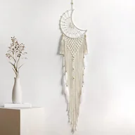 Wyposażenie pokoiku dziecięcego - Duży łapacz snów w kształcie księżyca, ręcznie tkany, w stylu boho, do sypialni i salonu, 110 cm (beżowy) - miniaturka - grafika 1