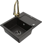 Zlewozmywaki z baterią - Mexen Enzo zlewozmywak granitowy 1-komorowy z ociekaczem i baterią kuchenną Elia, czarny/złoty metalik - 6506-75-670101-50-B - miniaturka - grafika 1