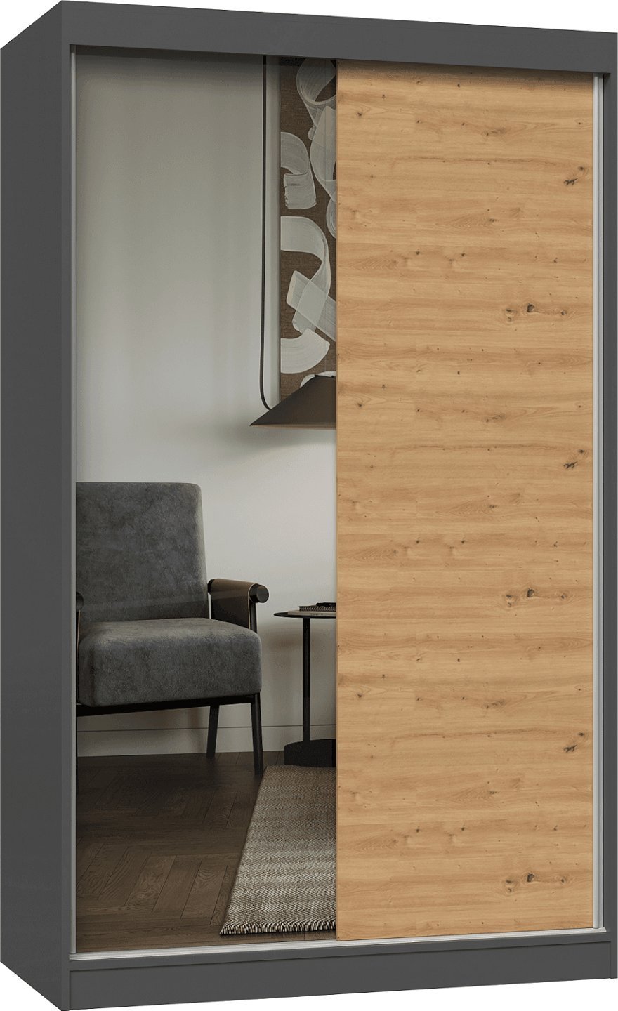 Topeshop SZAFA PRZESUWNA IGA 120 CM 1 LUSTRO ANTRACYT DĄB ARTISAN