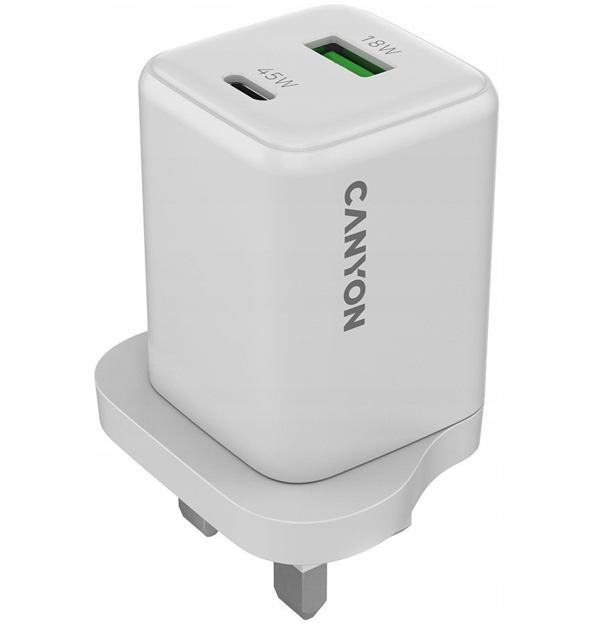 CANYON Ładowarka sieciowa CU45AC GaN 45W 1xPD 1xQC UK Biała
