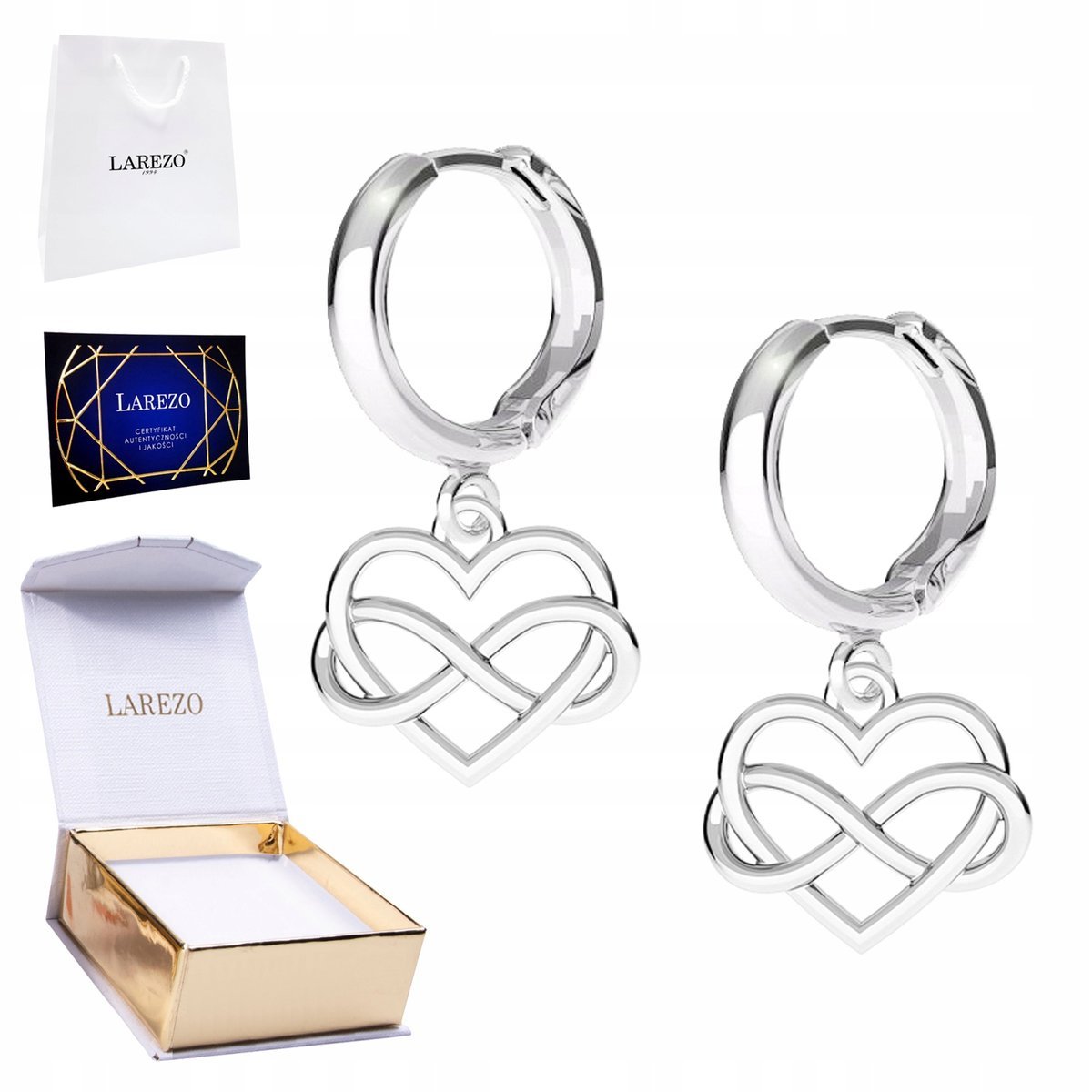 Piękne Kolczyki Srebrne 925 Serca z Nieskończonością Sercem Nieskończoność