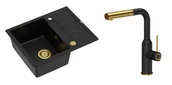 Zlewozmywaki z baterią - Quadron Unique Zlewozmywak granitowy jednokomorowy 62*50*22 cm z ociekaczem MORGAN 116 PURE CARBON z syfonem Push-2-Open w kolorze złotym z baterią ANGELINA Q LINE PURE CARBON z wyciąganą wylewką kolor czarny mat/wykończenie złote - miniaturka - grafika 1