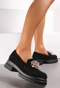 Mokasyny damskie - Czarne Mokasyny z Imitacji Zamszu z Kryształkami Aelara - miniaturka - grafika 1