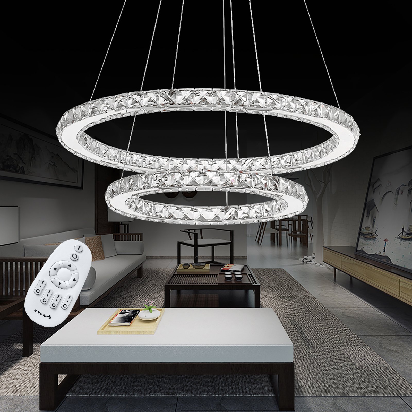UISEBRT 48W LED Crystal Design Lampa wisząca Dwa pierścienie Ściemnialna lampa sufitowa Lampa wisząca Kreatywny żyrandol