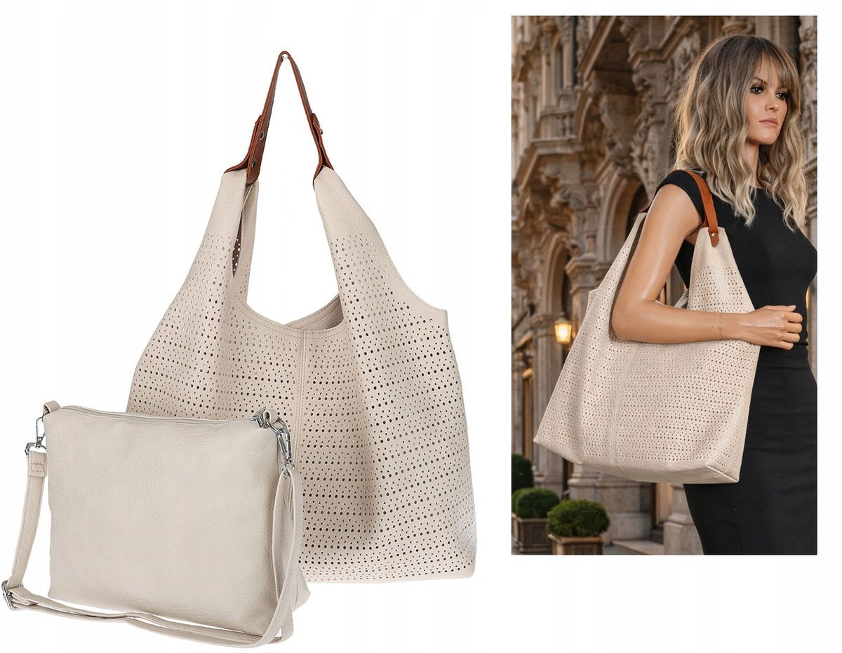 Torebka Damska shopper worek listonoszka pojemna Ażurowa 2w1 1901 Beżowa
