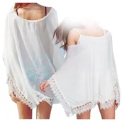 Bluzki damskie - Narzutka Sukienka Tunika Pareo Letnia Na Plażę Biała Boho Z Koronką Szyfon - miniaturka - grafika 1