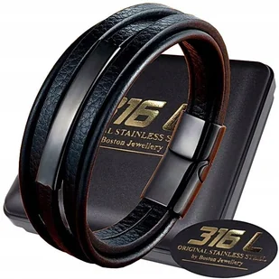 SKÓRZANA BRANSOLETA BRANSOLETKA MĘSKA SKÓRA CZARNA STAL CHIRURGICZNA 316L - Bransolety męskie - miniaturka - grafika 1