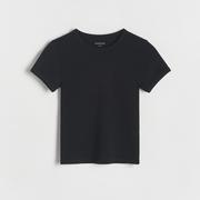 Koszulki dla dziewczynek - Reserved - Bawełniany t-shirt w prążki - Czarny - miniaturka - grafika 1
