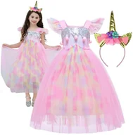 Stroje karnawałowe - Strój Przebranie Sukienka Tęczowy Jednorożec Kostium Na Karnawał 128 134 - miniaturka - grafika 1