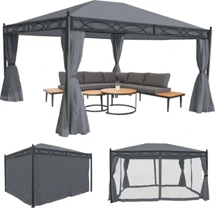Pergola Cadiz, pawilon ogrodowy, solidna rama 7 cm ze ścianą boczną + moskitiera ~ szary 4x3m - Moskitiery - miniaturka - grafika 1