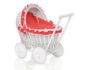 Wózki dla lalek - Wiklinowy wózek dla lalek pchacz biały z czerwoną pościelką i miękką wyściółką - miniaturka - grafika 1