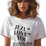 Zestawy upominkowe - BIAŁA KOSZULKA DAMSKA Krótki Rękaw JEZUS LOVES YOU Zabawne Wzory Rozm XXL - miniaturka - grafika 1