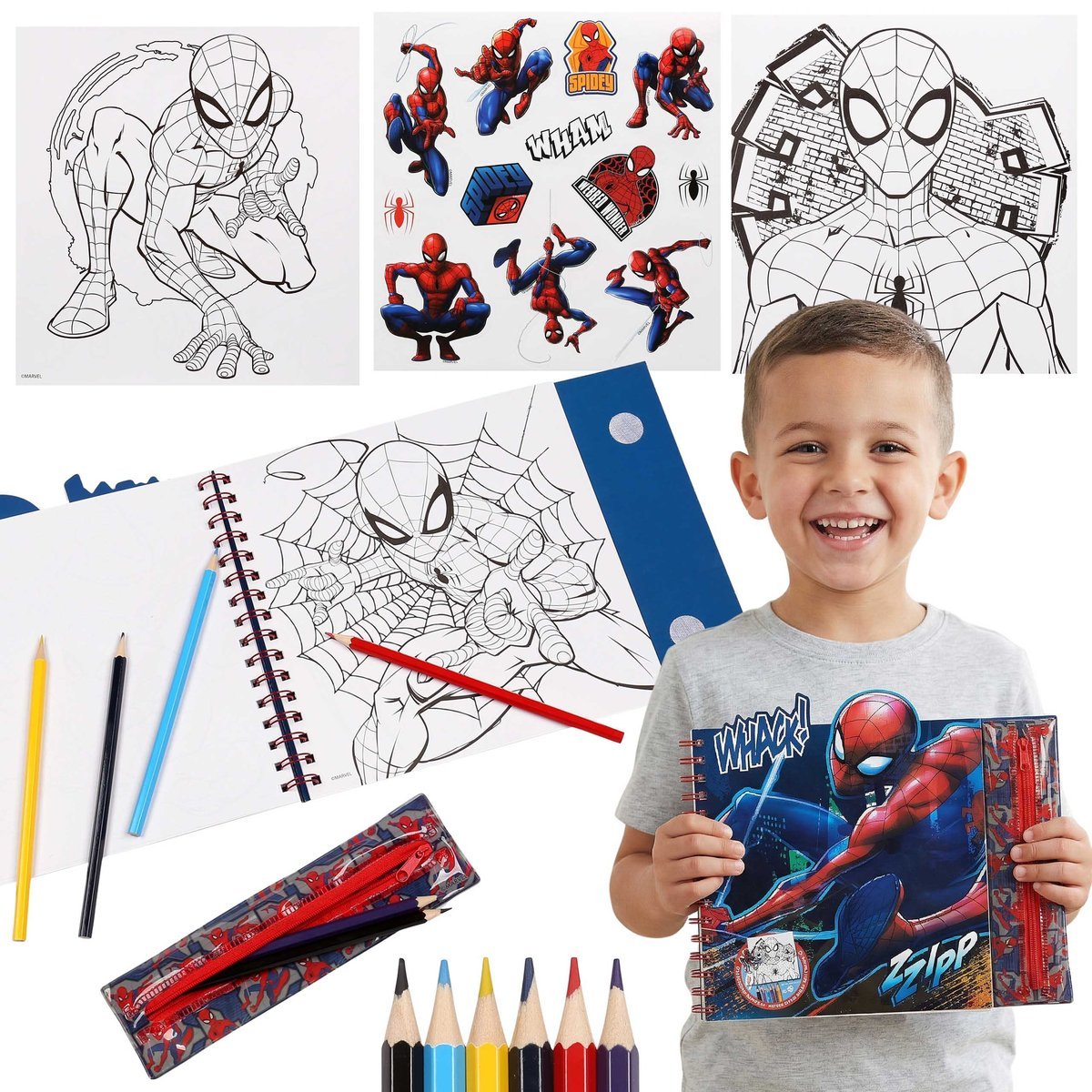 MARVEL Spider Man ZESTAW kreatywny dla dzieci, zestaw artystyczny do kolorowania, PIÓRNIK, KREDKI + KOLOROWANKI, NAKLEJKI