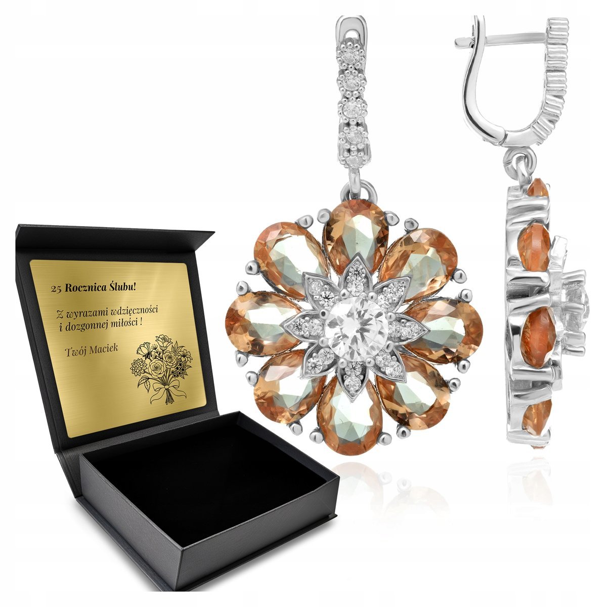 Kolczyki Srebrne 925 Cyrkonie Sułtanit Biżuteria Dla Kobiety Grawer