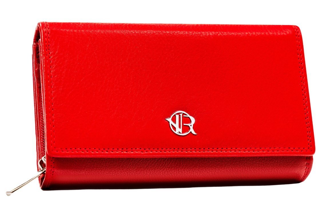 Średniej wielkości czerwony portfel damski na zatrzask ROVICKY skóra naturalna rozbudowany na karty dokumenty i gotówkę ochrona RFID STOP