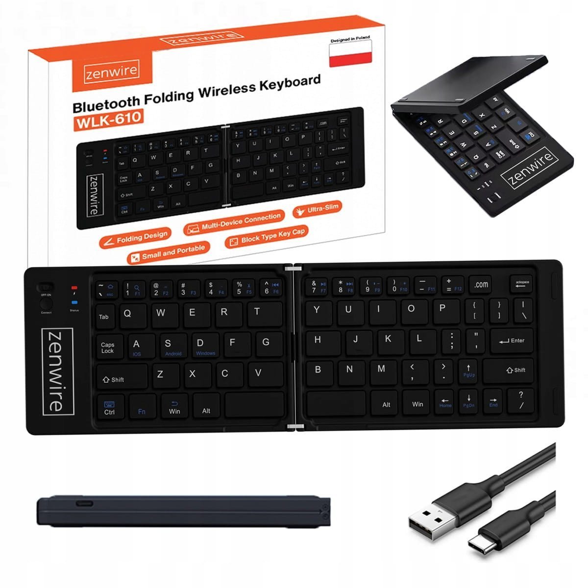 Składana Mini Klawiatura Bezprzewodowa Bluetooth do Tabletu Telefonu USB-C