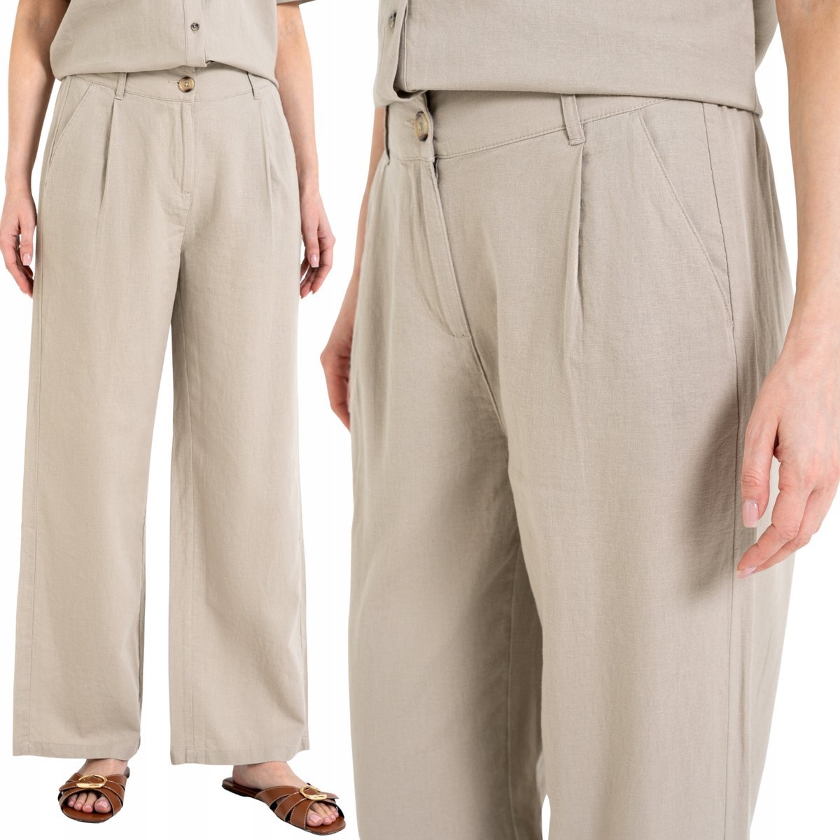 SPODNIE DAMSKIE LNIANE Z WISKOZĄ CASUAL Z KIESZENIAMI WYGODNE MORAJ L BEIGE
