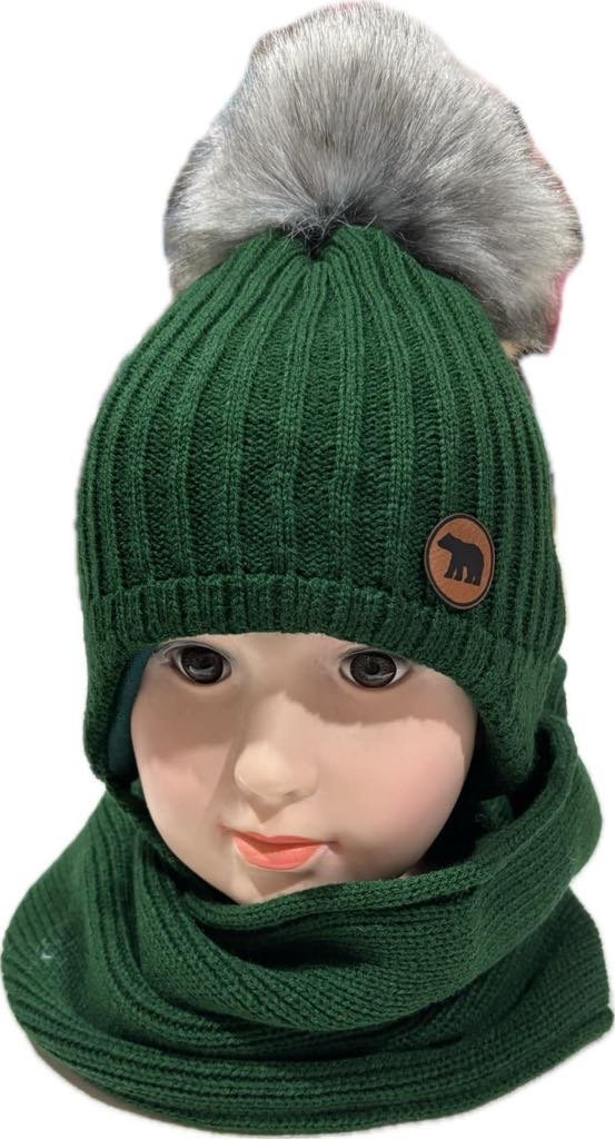 Komplet czapka z kominem zimowa wiązana z pomponem zieleń 46