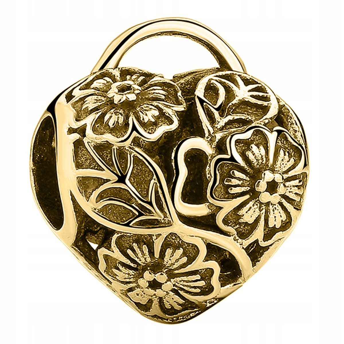 Złoty Charms Serce Kwiaty Serduszko Kwiatki Flowers Kłódka SREBRO 925