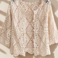 Swetry damskie - TEMU Bohemijski casualowy kardigan w etnicznym stylu z pięciopunktowymi rękawami i ażurową dekoracją - miniaturka - grafika 1