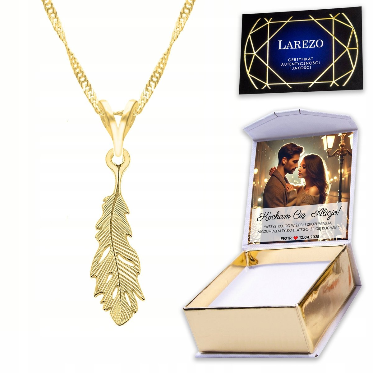 Złoty Naszyjnik 925 z Piórkiem Piórkiem Wisiorek Pióro Piórko + NADRUK