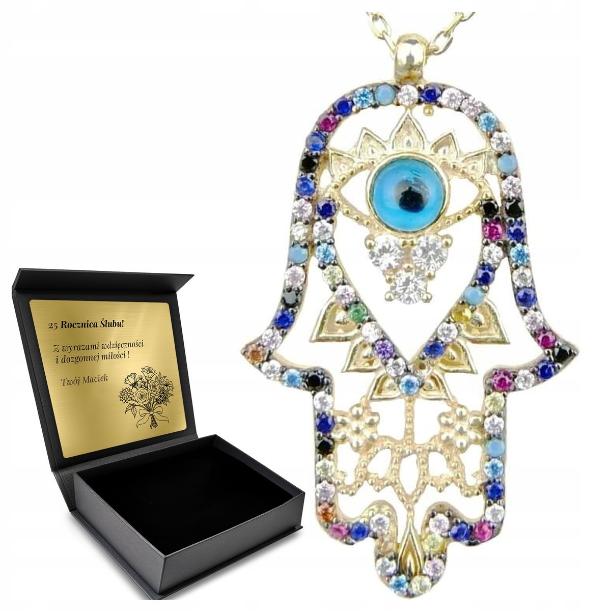 Łańcuszek Naszyjnik Srebrny Pozłacany Kolorowe Cyrkonie Oko Proroka Grawer
